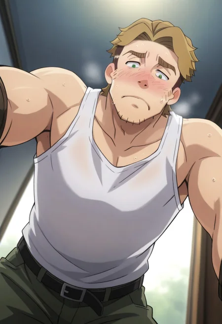 safe_pos, score_9, score_8_up, score_7_up, score_6_up, perfect anatomy, perfect proportions, best quality, masterpiece, high_resolution, high quality, best aesthetic, incredibly absurdres, highres, extremely detailed, huge filesize, solo male, adult, mature, masculine, manly, handsome, charming, alluring, seductive, heroic, triumphant, grim, stern, upper body, dutch angle, cowboy shot, source_anime \(Sakugan\), anime coloring \(Sakugan\), Gagumber, SKGGagumber, brown hair, two-tone hair, sideburns, facial hair, stubble, green eyes, thick eyebrows, SKGGagumber_outfit02, white tank top, black gloves, green work pants, bedroom, indoors, sexy, on top of viewer focus, legs apart, male focus, leaning forward, looking at viewer, serious, unhappy, nervous, bashful, blushing, sweating, blurred background, upper body, dutch angle, realistic shading, day, natural lighting, expressive face, looking down at viewer, bend over, ceiling, from below, dynamic angle, foreshortening, pov, intricately detailed illustration, atmospheric perspective, depth of field, newest, heavy breathing, sweatdrop, steamy,