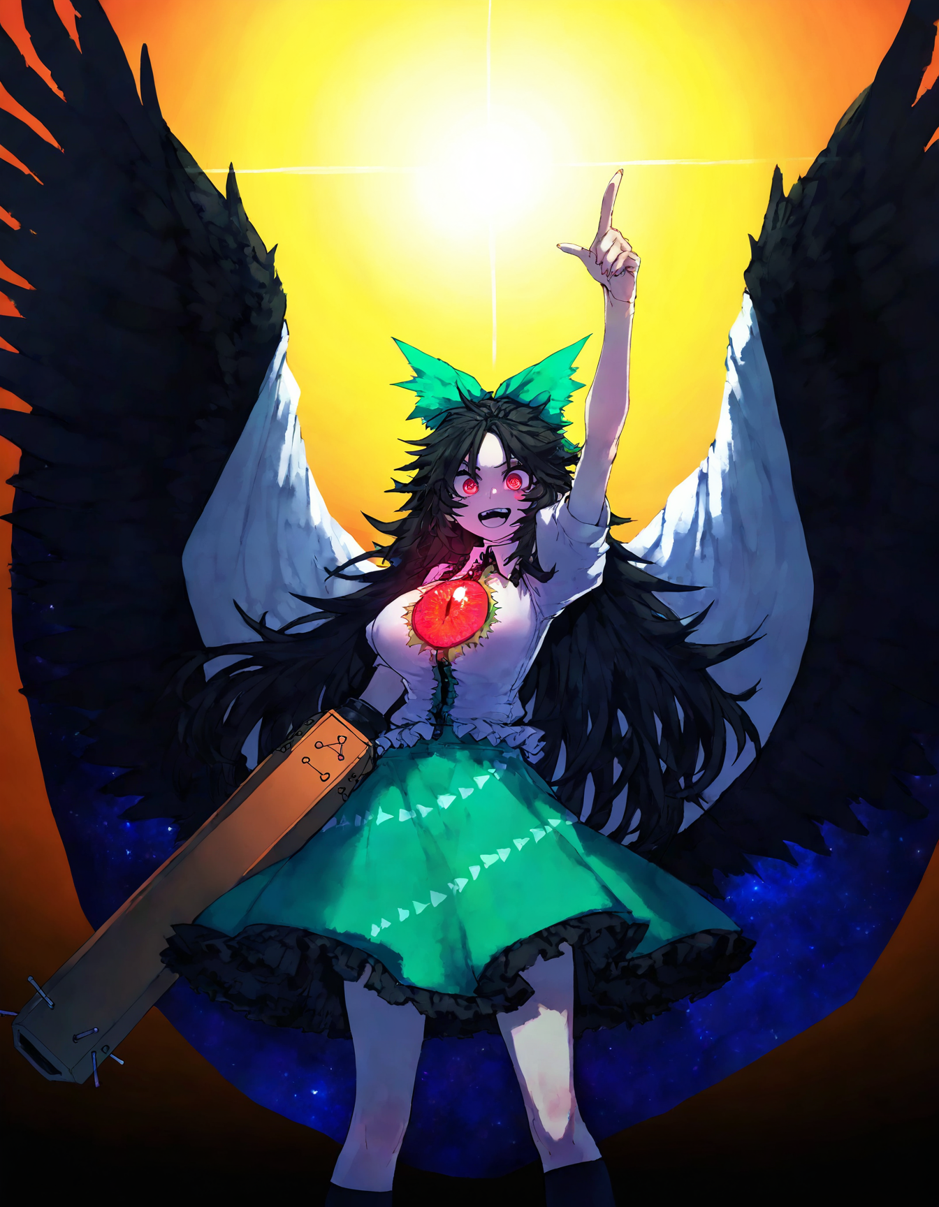 touhou, reiuji_utsuho,1girl,black_footwear,black_hair,black_socks, black_wings ,bow, cape ,feathered_wings, glowing, glowing_eyes, green_bow ,green_skirt ,hair_bow ,kneehighs, long_hair, looking_at_viewer ,red_eyes ,shirt ,skirt ,socks, solo ,starry_sky_print, sun ,teeth ,third_eye, white_shirt, wings, cowboy_shot, face focus, arm_cannon, control_rod_(touhou),  open mouth, upper_teeth_only, pov, from side,  index_finger_raised, outstretched_arm, finger point to sun, backlighting , arm up,
(masterpiece, best quality, high quality, absurdres, highres, newest, very awa),(zyugoya:0.8),quasarcake:0.7, Fishine,