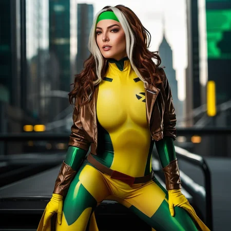 Rogue1024, a woman, portrait, wears a yellow and green superhero suit and a jacket, cyberpunk city background, highly detailed, photography, ultra sharp, film, professional, 64k <lora:add-detail-xl:1.5> <lora:Rogue1024:0.8>