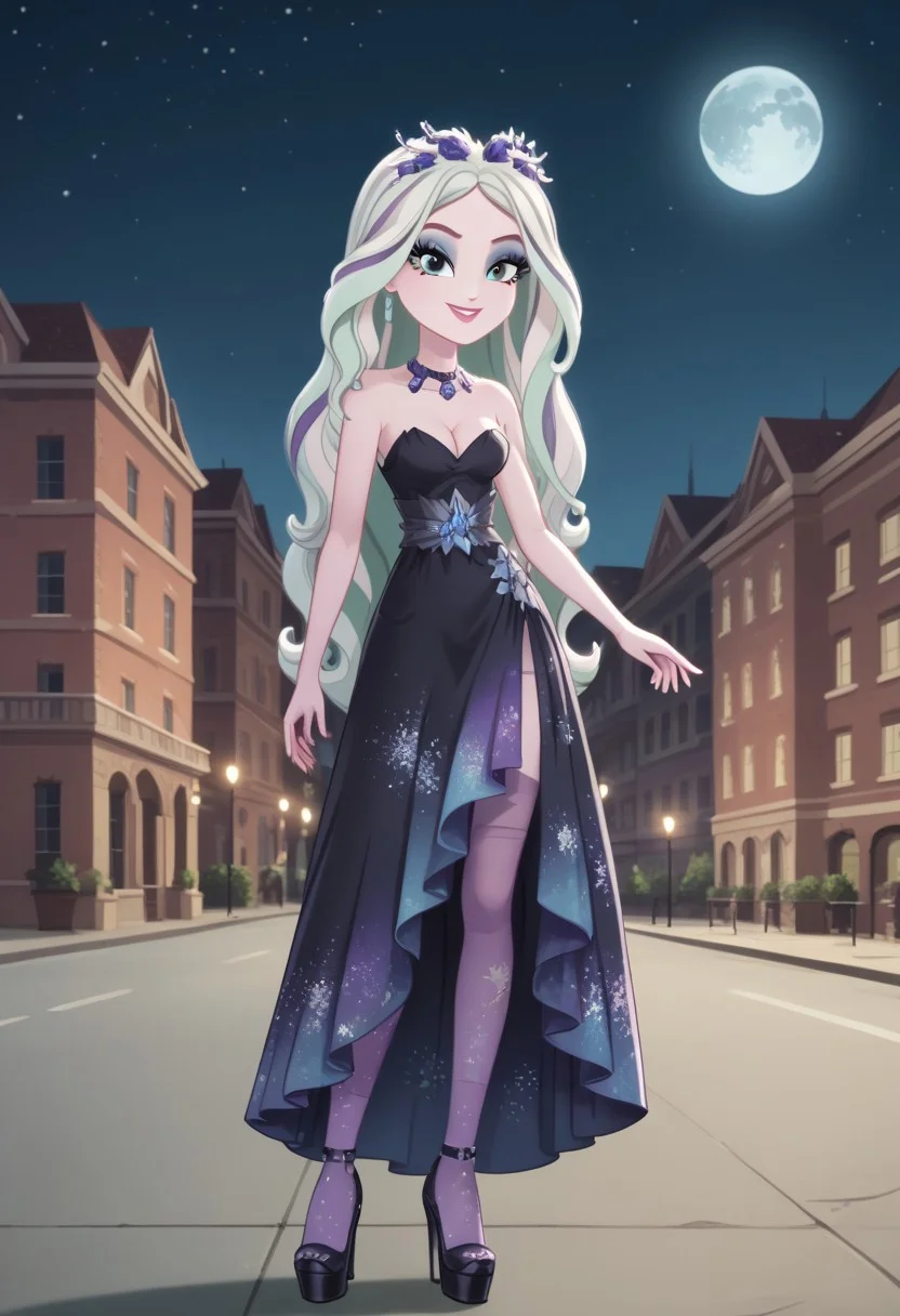 score_9, score_8_up, score_7_up, score_6_up, score_5_up, score_4_up, Expressiveh, BREAK, RAW, 8k, source_real, masterpiece, high quality, (equestria girls, show accurate:1.1), Female, 1girl, adult, 18 years old, Female, lidded eyes, looking at viewer, seductive, sultry, slender hips, overactive hips, seductive look, zPDXL3,
crystalwinter, white hair, show accurate, ever after high, badass look, black dress, satin dress, long dress, side slit, cleavage, strapless, pantyhose, high heels. wedges, outdoor, terrace background, at night, moon, stars, skyscrapers, photo-realistic, full body visible, smiling, leg up, seductive pose, seductive look, (sultry pose:1.6),