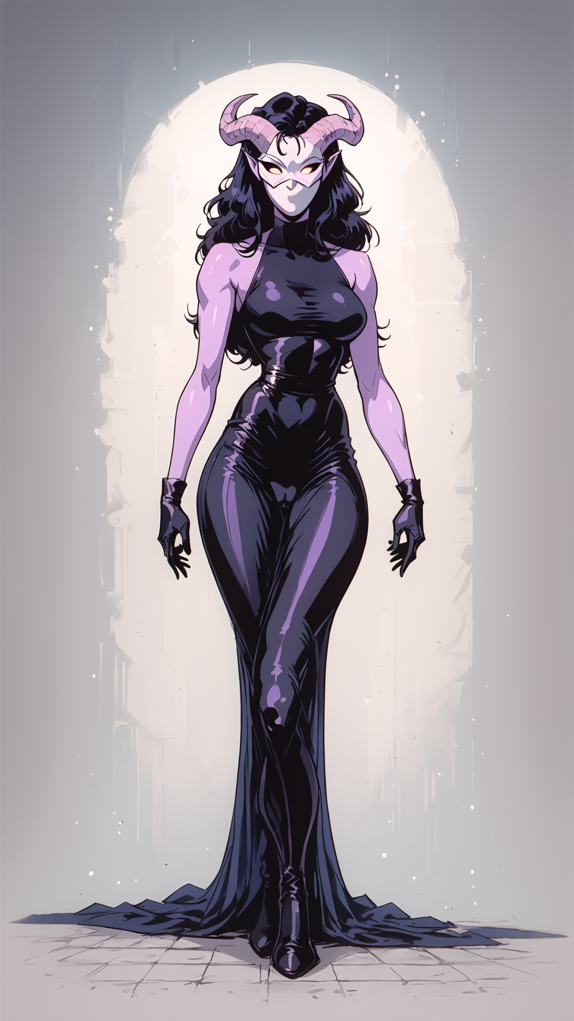 <lora:Tiefling__Fantasy__DND:1>,female,tiefling,pointed ears,horns,colored sclera,purple colored skin,long black hair,<lora:Masked_Woman_xl:0.6>,masked_woman,m4skedw0m4n,(white_mask1.2),white_mask,mask,gloves,dress,skin-tight clothing,impossible_dress,impossible_clothing,calendar_girl,gloves,skin-tight clothing,cameltoe,, <lora:Dark Retro Scifi Pony Style V2:0.3> D4rkR3troSc1f1 ,<lora:OldAnimeStyle_XL_v3:.65> 1990s \(style\), Vintage,  <lora:retro-neon-style:0.3> retro_neon, score_9, score_8_up, score_7_up, score_6_up,  <lora:Smooth Anime 2 Style SDXL_LoRA_Pony Diffusion V6 XL:0.65>, <lora:add-detail-xl:1>