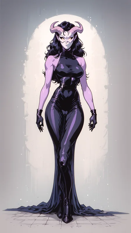 <lora:Tiefling__Fantasy__DND:1>,female,tiefling,pointed ears,horns,colored sclera,purple colored skin,long black hair,<lora:Masked_Woman_xl:0.6>,masked_woman,m4skedw0m4n,(white_mask1.2),white_mask,mask,gloves,dress,skin-tight clothing,impossible_dress,impossible_clothing,calendar_girl,gloves,skin-tight clothing,cameltoe,, <lora:Dark Retro Scifi Pony Style V2:0.3> D4rkR3troSc1f1 ,<lora:OldAnimeStyle_XL_v3:.65> 1990s \(style\), Vintage, <lora:retro-neon-style:0.3> retro_neon, score_9, score_8_up, score_7_up, score_6_up, <lora:Smooth Anime 2 Style SDXL_LoRA_Pony Diffusion V6 XL:0.65>, <lora:add-detail-xl:1>