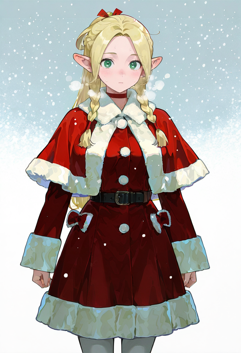1girl,solo,looking at viewer,ikeda ruriko, winter dress, santa costume,fur-trimmed capelet, marcille_donato, snowing