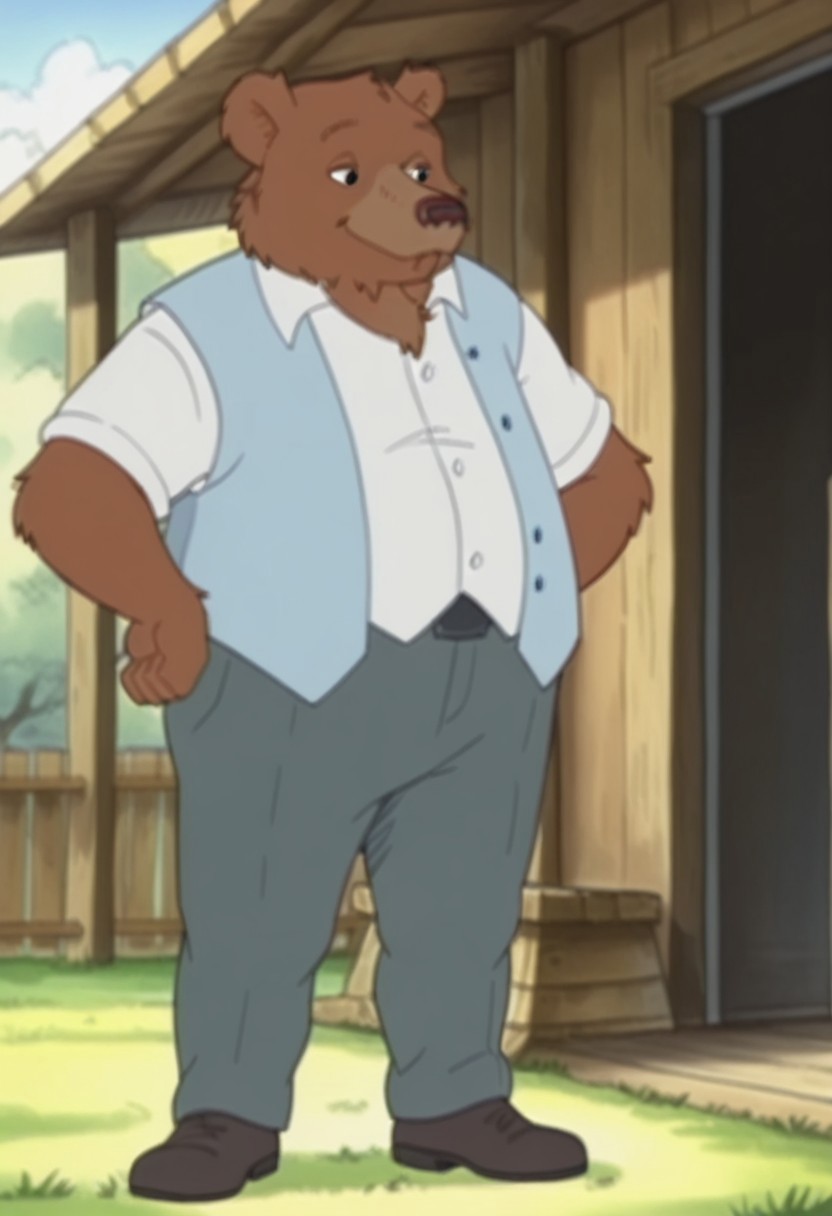 masterpiece, best quality, amazing quality,  FatherBearLBil, semi-anthro, male bear, brown fur, black eyes white shirt, light blue vest, grey pants, brown shoes, outside, open vest, standing, solo