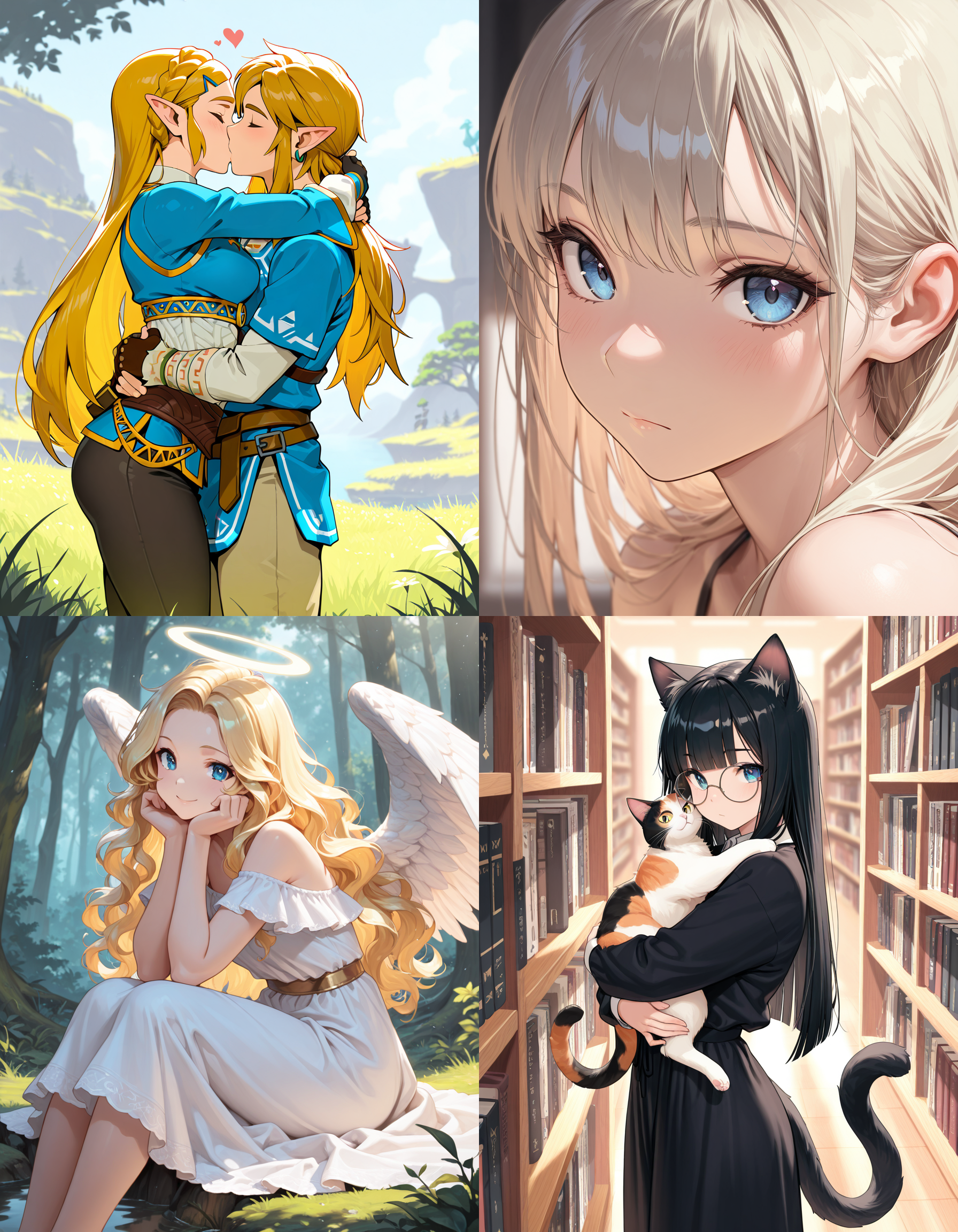 https://civitai.com/articles/8642 __ 1st image: masterpiece, best quality, 1girl, 1boy, princess zelda, the legend of zelda: breath of the wild, standing, kiss, hug, closed eyes, outdoors __ 2nd image: masterpiece, best quality, 1girl, face, portrait, looking at viewer, closed mouth __ 3rd image: masterpiece, best quality, 1girl, solo, blonde hair, wavy hair, angel, angel wings, halo, smile, sitting, forest, white dress __ 4th Image: masterpiece, best quality, 1girl, solo, long hair, black hair, blunt bangs, straight hair, round eyewear, cat girl, cat ears, cat tail, standing, hug, cat, looking at viewer, library