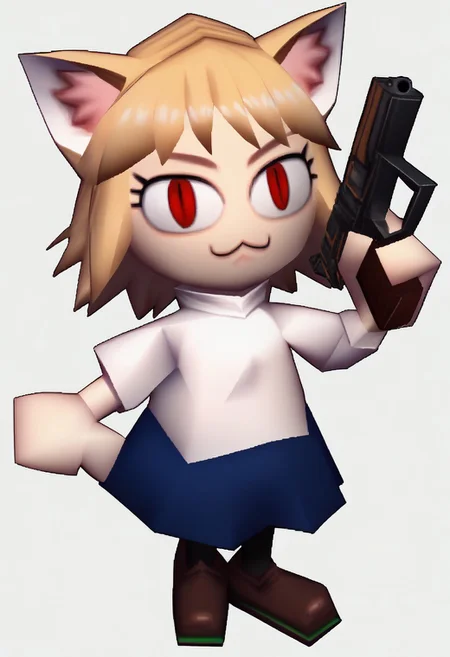 score_9, score_8_up, score_7_up, rating_safe,source_abime,n64zeldastyle, 3d, polygonal, white background, full body,1girl,solo,necoarc,blonde hair, red eyes, slit pupils, cat ears, :3, chibi,turtleneck, white shirt, blue skirt, pleated skirt, pantyhose, brown footwear,gun,holding gun
