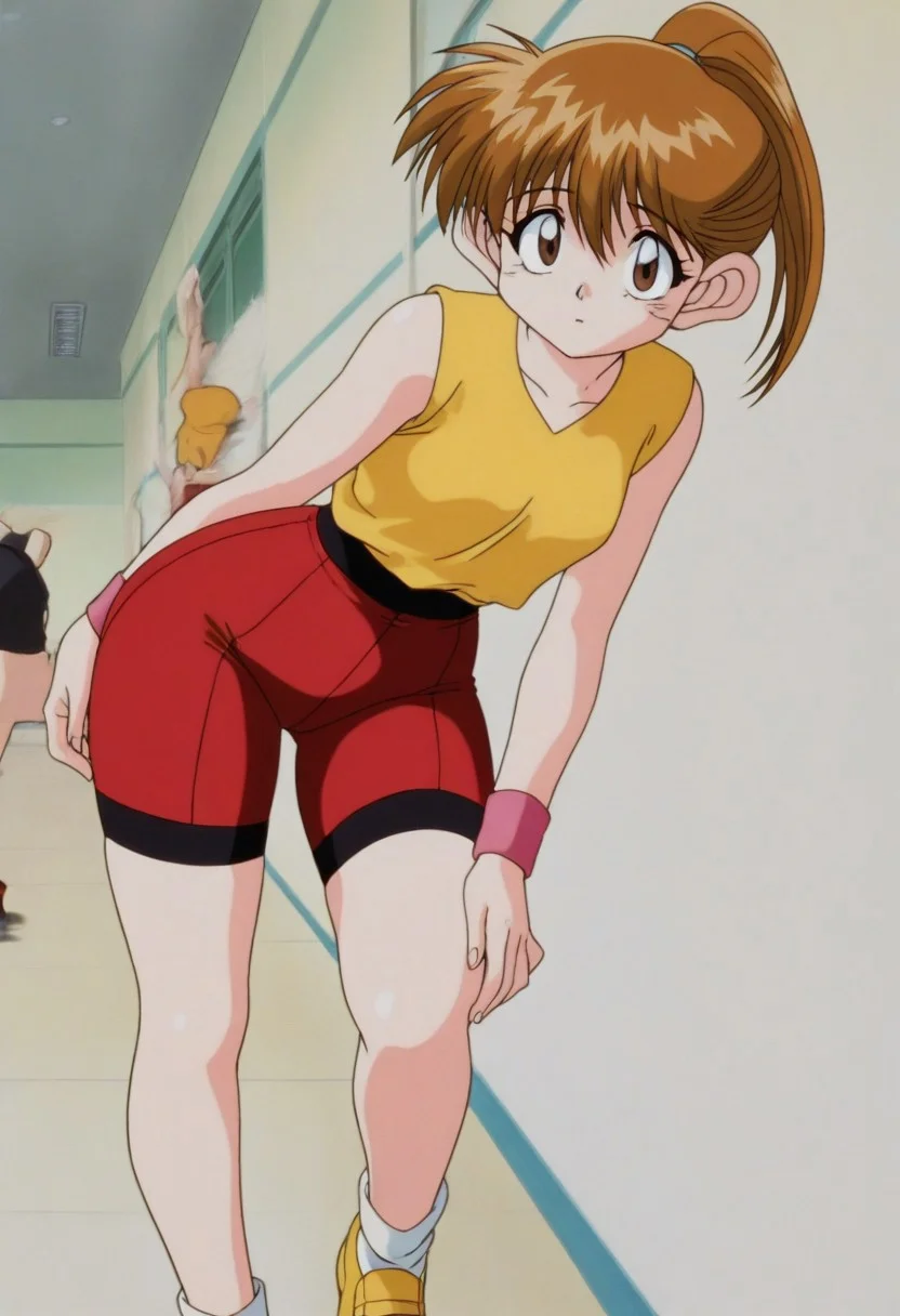 masterpiece,best quality,very aesthetic,absurdres,4k,8k,intricate detail,amazing quality,anime coloring, anime screencap, Jun Sagami,retro artstyle,1990s \(style\),baseball cap,brown hair,brown eyes,short hair,ponytail,short ponytail,, shirt,yellow shirt,sleeveless,sleeveless shirt,wristband,bike shorts,red shorts,white socks,yellow footwear, thick thighs, wide hips, looking at viewer,