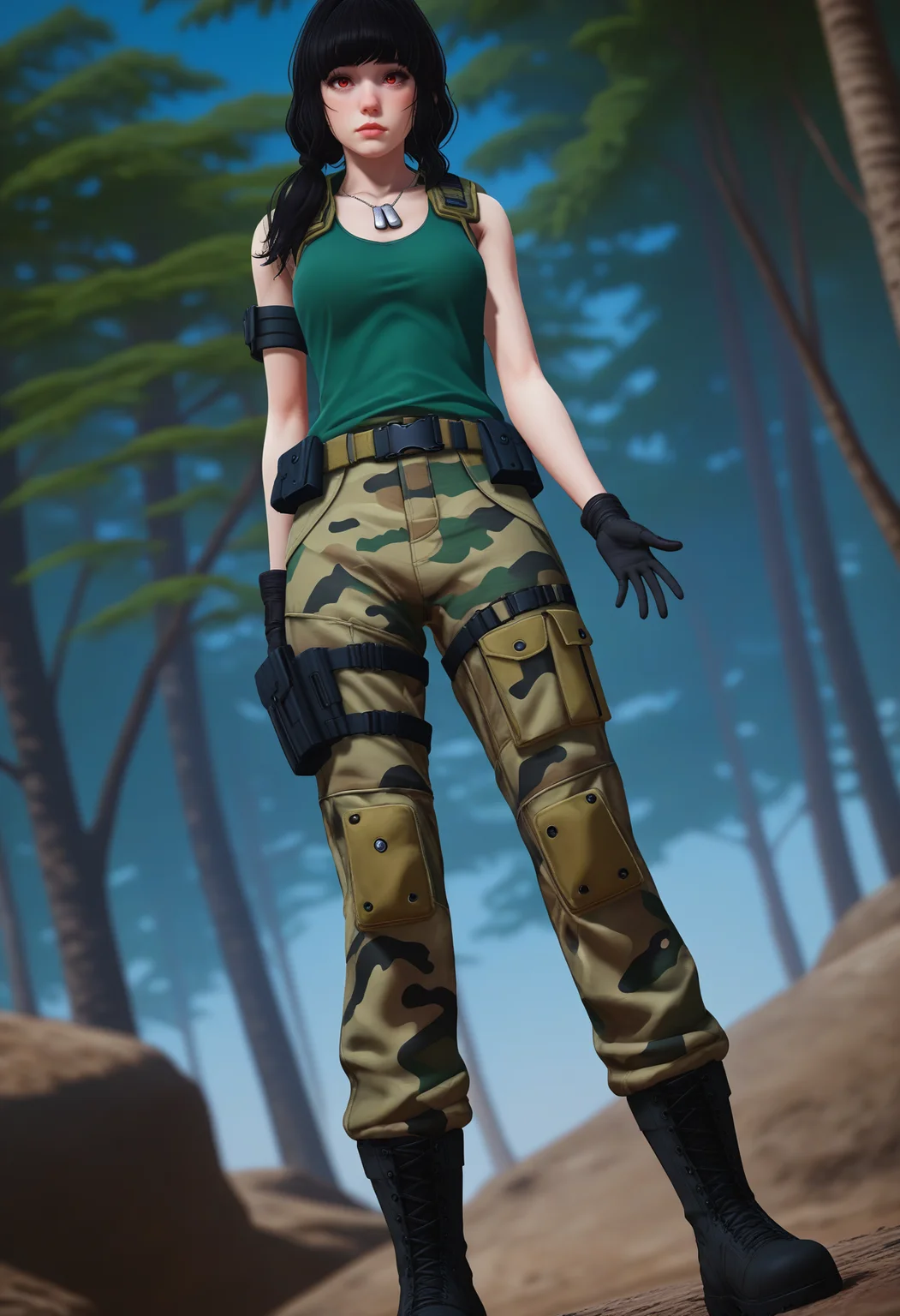 score_9, score_8_up, score_7_up,
1girl, solo, d4rklun4, red eyes.
load bearing vest:pouch:tank top:green shirt:dog tags, armband, camouflage pants, belt:holster, combat boots, black gloves. low twintails.
battle, bare tree, standing, legs apart, outstretched hand, arm behind back, looking at viewer, from below, dutch angle, depth of field,
<lora:Dark_Luna_Pony_v1.0:0.9>