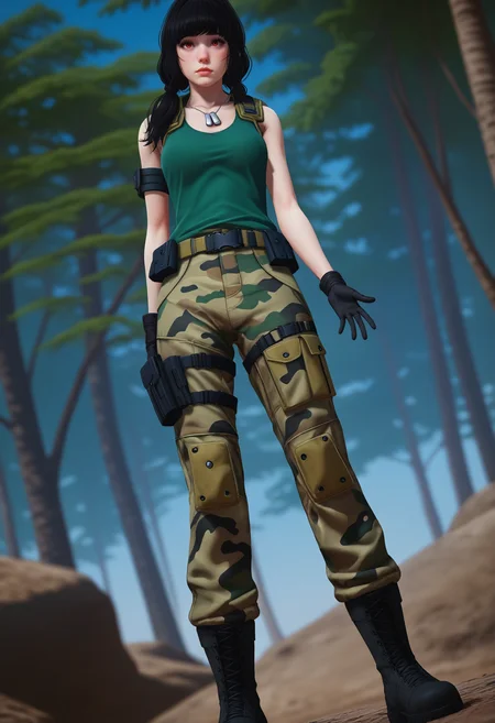 score_9, score_8_up, score_7_up,
1girl, solo, d4rklun4, red eyes.
load bearing vest:pouch:tank top:green shirt:dog tags, armband, camouflage pants, belt:holster, combat boots, black gloves. low twintails.
battle, bare tree, standing, legs apart, outstretched hand, arm behind back, looking at viewer, from below, dutch angle, depth of field,
<lora:Dark_Luna_Pony_v1.0:0.9>