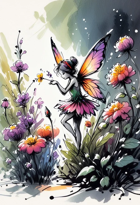 inksketch, A tiny fairy visiting a flower