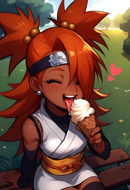 score_9, score_8_up, score_7_up, score_6_up, score_5_up, score_4_up, source_anime, rating_safe, chouchou akimichi, 1girl, dark-skinned female, (toned body, navel:0.7), orange hair, hair over one eye, two side up, long hair, eyes closed, satisfied, enjoying food, happy, hearts, hair bobbles, white kimono, short kimono, sleeveless kimono, yellow obi, orange sash, fishnets, detached sleeves, black thighhighs, forehead protector, jewelry, earrings, eating, ice cream, licking ice cream, hand on cheek, holding food with one hand, looking at viewer, sitting, park bench, grass, cowboy shot, front view, polyle