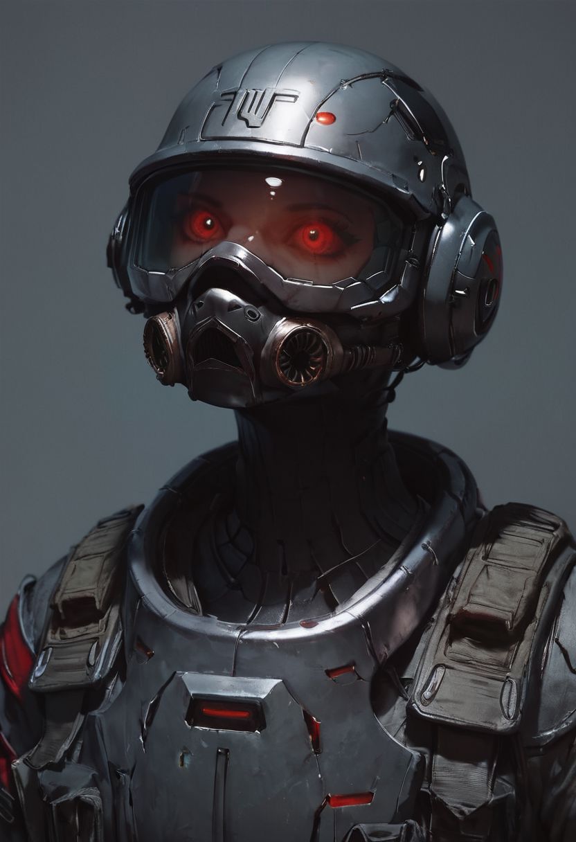 score_9, score_8_up, score_8_up, Soldier, Sci fi Riot mask, grimdark, grey soldier helmet, metal breastplate, grey uniform, red uniform, sci fi, futuristic, space soldier, soldier from future, black visor, darkened visor, holographic symbols on visor