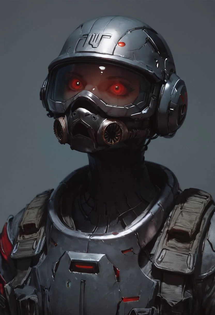 score_9, score_8_up, score_8_up, Soldier, Sci fi Riot mask, grimdark, grey soldier helmet, metal breastplate, grey uniform, red uniform, sci fi, futuristic, space soldier, soldier from future, black visor, darkened visor, holographic symbols on visor