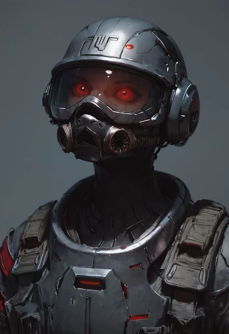 score_9, score_8_up, score_8_up, Soldier, Sci fi Riot mask, grimdark, grey soldier helmet, metal breastplate, grey uniform, red uniform, sci fi, futuristic, space soldier, soldier from future, black visor, darkened visor, holographic symbols on visor