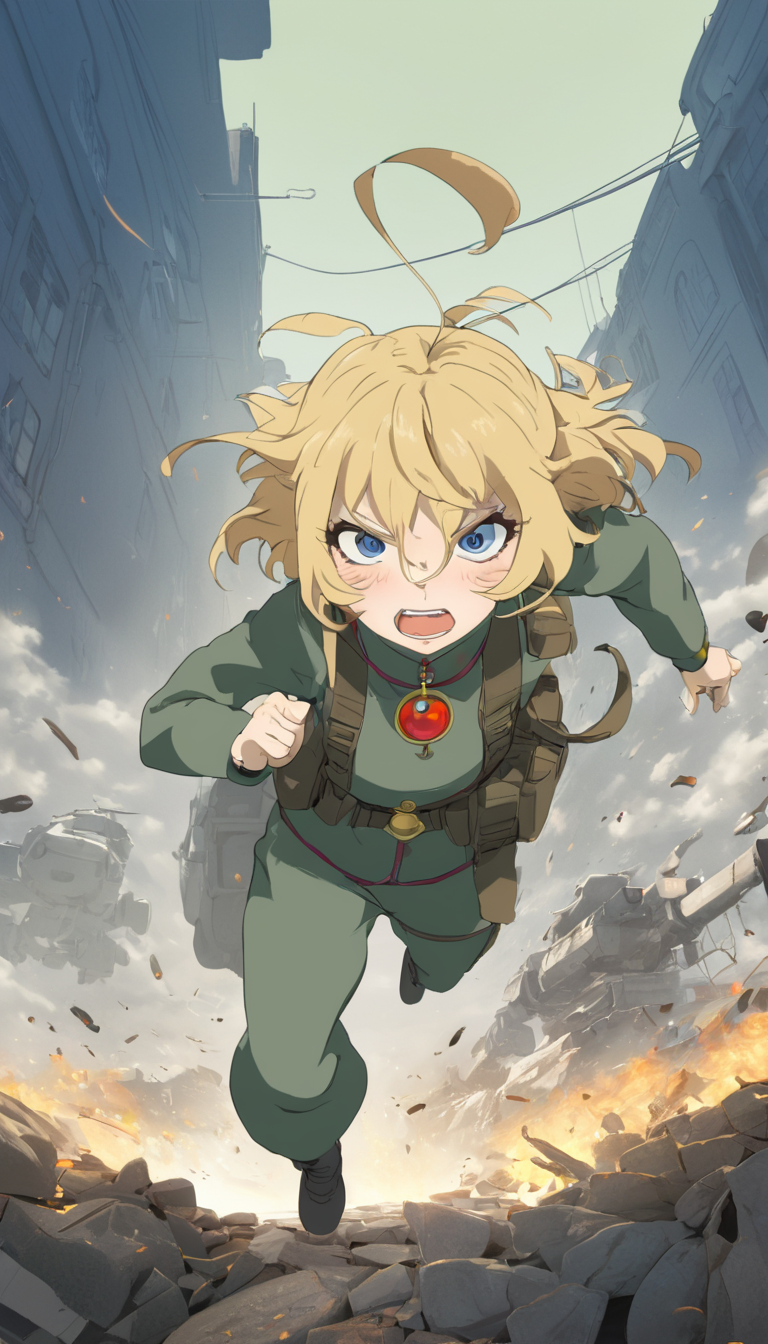Cinematic scene, hero view, Tanya Degurechaff, Youjo Senki <lora:tanya_degurechaff_xl_v7:1>, action pose, detailed background, masterpiece, best quality, high quality, absurdres, (Studio ghibli style, Art by Hayao Miyazaki:1.2), Anime Style, Manga Style, Hand drawn, cinematic, Sharp focus, humorous illustration, big depth of field, Masterpiece, concept art, trending on artstation, Vivid colors, Simplified style, trending on ArtStation, trending on CGSociety, Intricate, Vibrant colors, Soft Shading, Simplistic Features, Sharp Angles, Playful