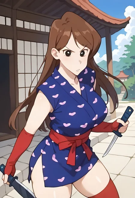 (1girl:1.5), (solo:1.3), (score_9, score_8_up, score_7_up, score_6_up, score_5_up, score_4_up), (source_anime), rating_questionable, looking at viewer, (cowboy shot:1.3), angry, fighting stance, legs apart,
<lora:agent-ogin_v1:0.9> (agent-ogin), (slightly chubby, black eyes, brown hair, long hair), (blue kimono, short dress, japanese clothes, side slit, sleeveless, red obi, red fingerless gloves, elbow gloves, red socks, tabi), (large breasts), holding knife,
outdoor, japanese town, thick thighs, voluptuous,