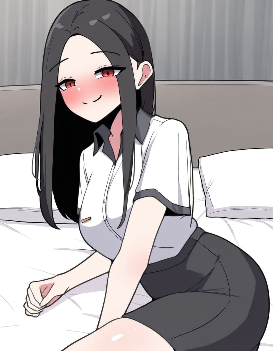 masterpiece, best quality, newest, absurdres, highres, safe,, <lora:yoo-jae-kyung-manhwa-illustriousxl-lora-nochekaiser:1>, yoo jae-kyung, long hair, large breasts, black hair, red eyes, forehead,, skirt, shirt, white shirt, short sleeves, collared shirt, black skirt, pencil skirt, office lady,, indoors, bed, bedroom, on side, blush, drunk, , smug, looking at viewer, solo,, cowboy shot, solo