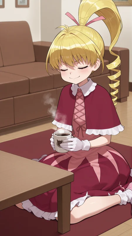 masterpiece, best quality, amazing quality, 1girl, solo, <lora:IlluBiscuit:1> illubiscuit, blonde hair, long hair, ponytail, drill hair, closed eyes, white gloves, hair ribbon, capelet, dress, bobby socks, wariza, indoors, smile, annoyed, holding cup, steam, coffee table,