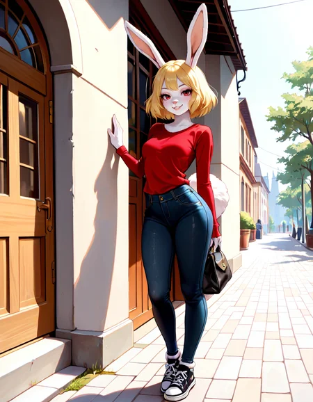 masterpiece, best quality, very aesthetic, absurdres,
outdoors,
full body, standing, casual, 
seductive smile, parted lips, long eyelashes,
 <lora:Carrot_v01_NAIXL-000011:1>
Ca3307,1girl,solo,furry,furry female,rabbit girl,short hair,blonde hair,rabbit ears,red eyes,animal nose,body fur,white fur,rabbit tail,