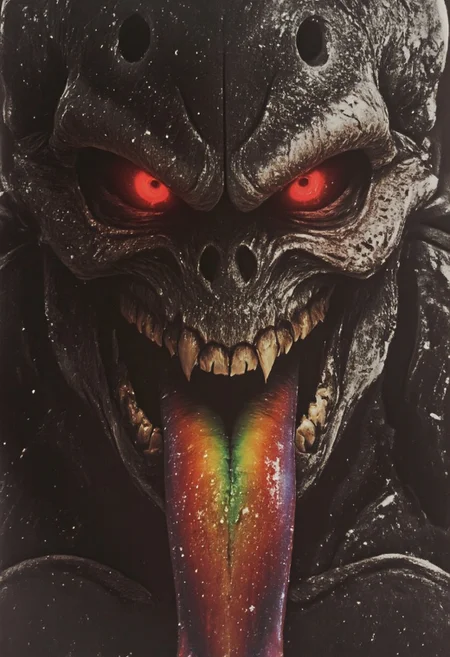 Extreme face closeup of a dark, menacing spawn in the heat of an intense, action-packed battle, captured with the gritty realism of an old analog camera. His piercing gaze is both haunting and resolute. The ethereal glow of his massive, twisted translucent tongue reflects in his eyes, crackling with dark energy that pulses ominously through the tongue. The rainbow-colored metallic sheen of His armor is faintly visible at the edges of the frame, hinting at its unique and alluring design. The intense glow from the tongue creates stark contrasts, illuminating her sharp features and casting dynamic, flickering shadows across her face. Jagged, twisted patterns etched into hus chainmail dress are barely visible, their ghastly visage seemingly alive, as the sinister light cuts through the battlefield’s hazy Steel sky.