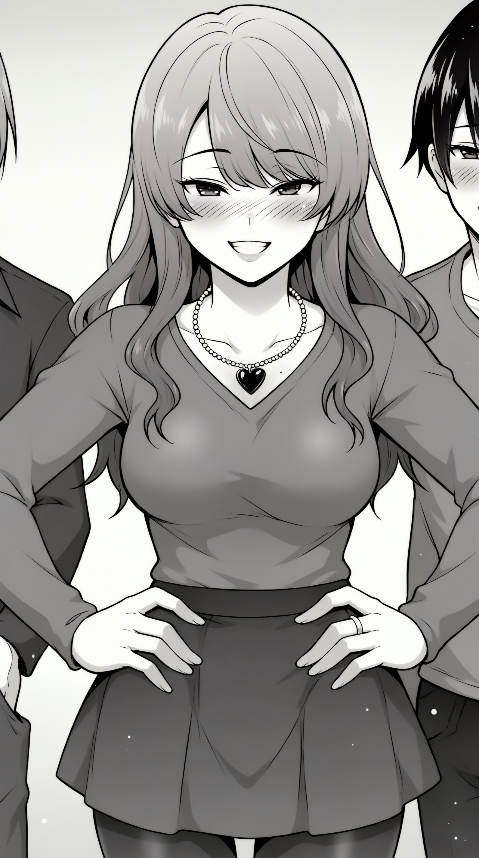 score_9, score_8_up, score_7_up, best background, detailed background, 4k, upscale, anime_source, monochrome, gresycale,  Aina, looking at viewer, smile, open mouth, skirt, long sleeves, holding, heart, pantyhose, solo focus, heart necklace, hands on hips, grin, blush, horny,  <lora:JN_Aina_Pony:0.8>
