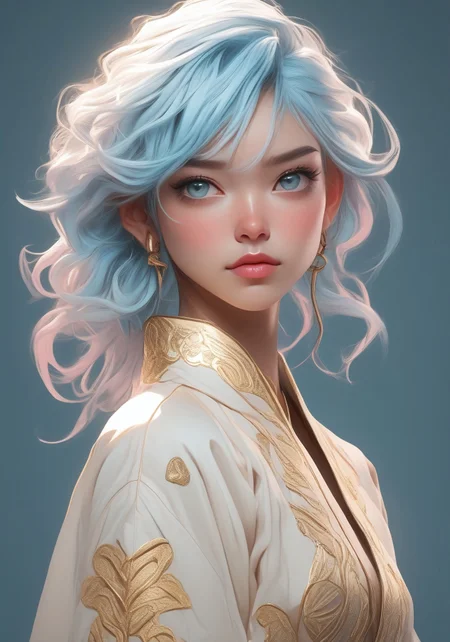 Anime-style digital illustration, source_anime, 1girl, solo, (ethnicity:1.2), with vibrant light blue hair (detailed hair:1.2), braided, and adorned with white accents, (detailed clothing:1.2), a light cream-colored, traditional-style robe (accessories:1.1), holding a small light blue dragon (detailed features:1.2) close, (facial features:1.3), (expression:1.2) happy and engaging, (body type:1.1), (pose:1.2), centered in the image, facing the viewer, gentle pose, soft lighting, subtle blush, and detailed skin texture (detailed skin texture:1.2), high detail, dynamic lighting, detailed dragon features, (accessories:1.1), gold bell-shaped earrings, light beige background, digital illustration, soft focus, style reminiscent of digital art, detailed rendering, 8k resolution, photorealistic style.