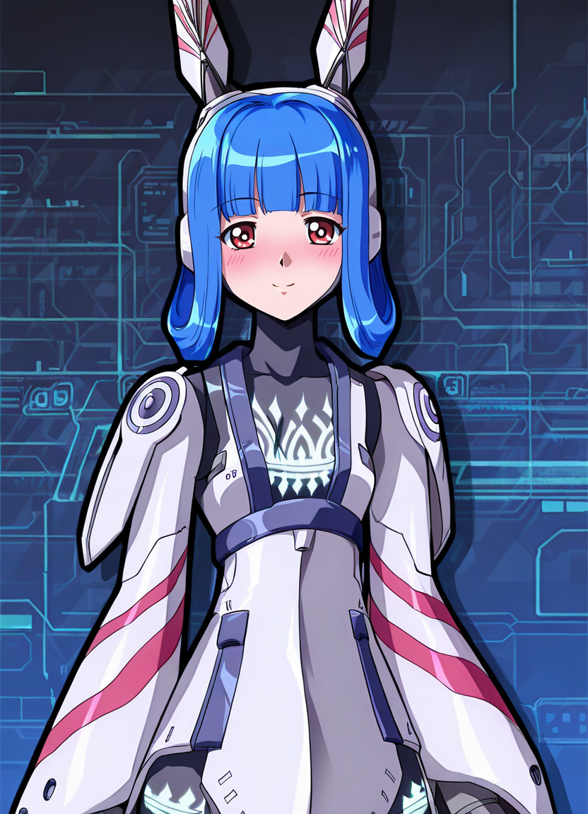 HDA_MasterpieceXL_v1.2,  <lora:Vivienne_-_Phantsy_Star_Series:1> VivianneIL, 1girl, blue hair, red eyes, armor, dress, android, robot ears, looking at viewer, blush, smile,
