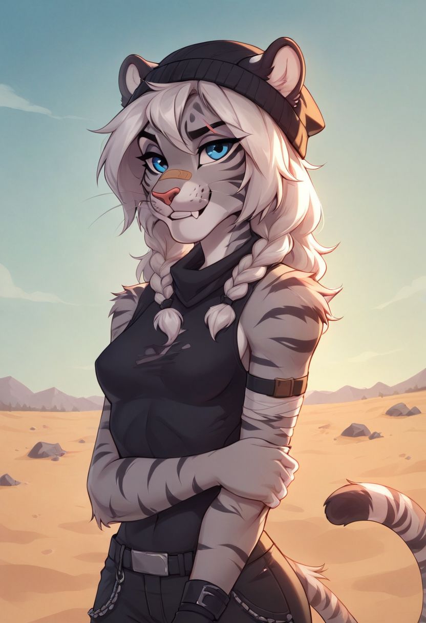 score_9, score_8_up, (anthro tiger), Gray tiger, female, Gray Fur black stripes ((body fur)), blue eyes, Lean statue, small breast, two thick braids in front, lean body, shoulder long open hair on back, white hair, wearing band aid on nose, Red gauze rolled bandage around tail, band aid on neck, wearing Trash armor, torn clothing, torn dirty beanie on head, hair showing under beanie, wearing welder goggles, Scars on arms and neck, fierce look on face, Fang, whiskers, solo, combat posture, cowboy shot, destroyed small town with with wind swiped sand, flat color, 8k resolution, digital painting, frame filling,