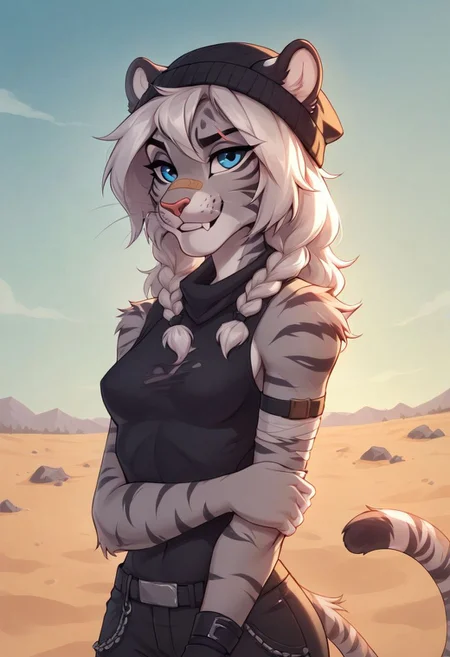 score_9, score_8_up, (anthro tiger), Gray tiger, female, Gray Fur black stripes ((body fur)), blue eyes, Lean statue, small breast, two thick braids in front, lean body, shoulder long open hair on back, white hair, wearing band aid on nose, Red gauze rolled bandage around tail, band aid on neck, wearing Trash armor, torn clothing, torn dirty beanie on head, hair showing under beanie, wearing welder goggles, Scars on arms and neck, fierce look on face, Fang, whiskers, solo, combat posture, cowboy shot, destroyed small town with with wind swiped sand, flat color, 8k resolution, digital painting, frame filling,