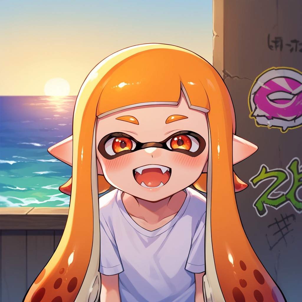 score_9, score_8, score_7, source_anime, inkling girl, POV, looking at viewer, blush, smile, open mouth, upper teeth only, fangs, ocean, graffiti, sunrise
