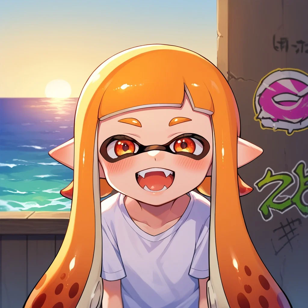 score_9, score_8, score_7, source_anime, inkling girl, POV, looking at viewer, blush, smile, open mouth, upper teeth only, fangs, ocean, graffiti, sunrise