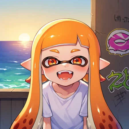 score_9, score_8, score_7, source_anime, inkling girl, POV, looking at viewer, blush, smile, open mouth, upper teeth only, fangs, ocean, graffiti, sunrise