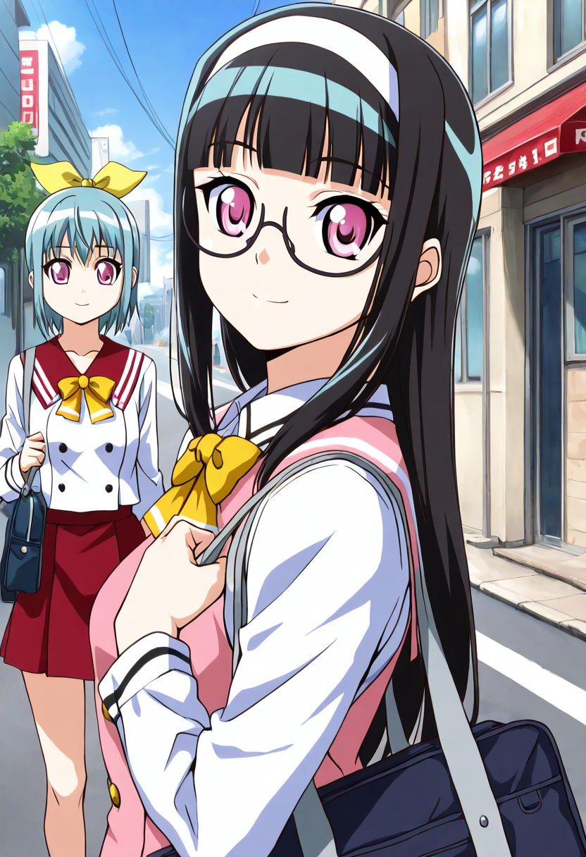 masterpiece, best quality, 2girl, eyelashes, (beautiful eyes),   zzSuzu, pink eyes, aqua hair, short hair, semi-rimless glasses,   zzMidori, purple eyes, black hair, long hair, white hairband, pink vest, long sleeves,     long hair, looking at viewer, smile, short hair, bangs, multiple girls, black hair, bow, ribbon, 2girls, school uniform, purple eyes, white shirt, air ribbon, upper body, hair bow, sidelocks, hairband, outdoors, sky, glasses, serafuku, day, blunt bangs, bowtie, pink eyes, bag, aqua hair, building, yellow bow, school bag, road, street,  ,<lora:SuzuMidori_KanojoX3_IXL_v1:1.0>,