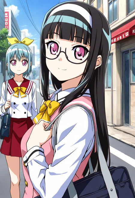 masterpiece, best quality, 2girl, eyelashes, (beautiful eyes), zzSuzu, pink eyes, aqua hair, short hair, semi-rimless glasses, zzMidori, purple eyes, black hair, long hair, white hairband, pink vest, long sleeves, long hair, looking at viewer, smile, short hair, bangs, multiple girls, black hair, bow, ribbon, 2girls, school uniform, purple eyes, white shirt, air ribbon, upper body, hair bow, sidelocks, hairband, outdoors, sky, glasses, serafuku, day, blunt bangs, bowtie, pink eyes, bag, aqua hair, building, yellow bow, school bag, road, street, ,<lora:SuzuMidori_KanojoX3_IXL_v1:1.0>,