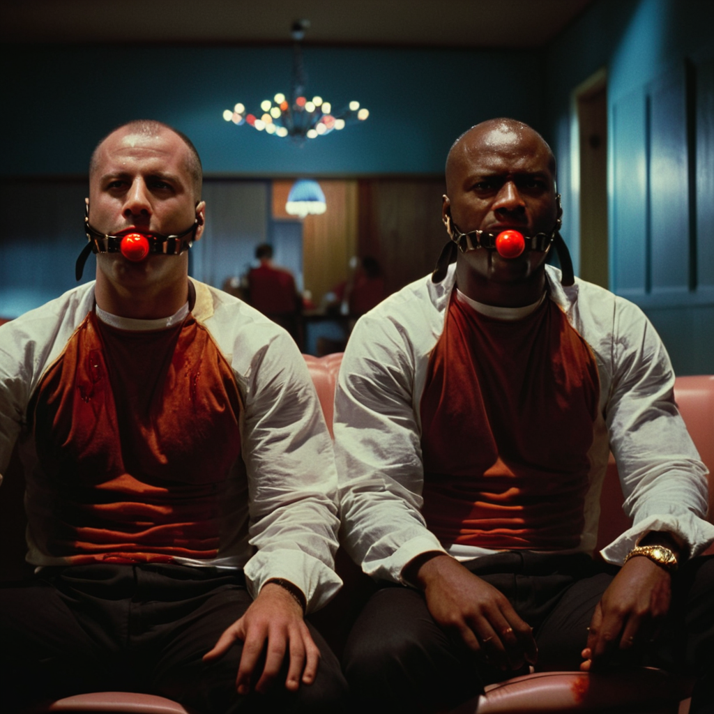 cinematic film still of  <lora:Pulp Fiction style:1>
 two men sitting in a room with a knife in their mouth,ball gag,shirt,sitting,male focus,multiple boys,pants,indoors,2boys,blood,mask,muscular,chair,dark-skinned male,candle,blood on clothes,bald , 1990's, 90's, film, cinematic, crime and violence, classic, graphic violence, Kodak film, motion picture image,Pulp Fiction style, Pulp Fiction Film style, shallow depth of field, vignette, highly detailed, high budget, bokeh, cinemascope, moody, epic, gorgeous, film grain, grainy