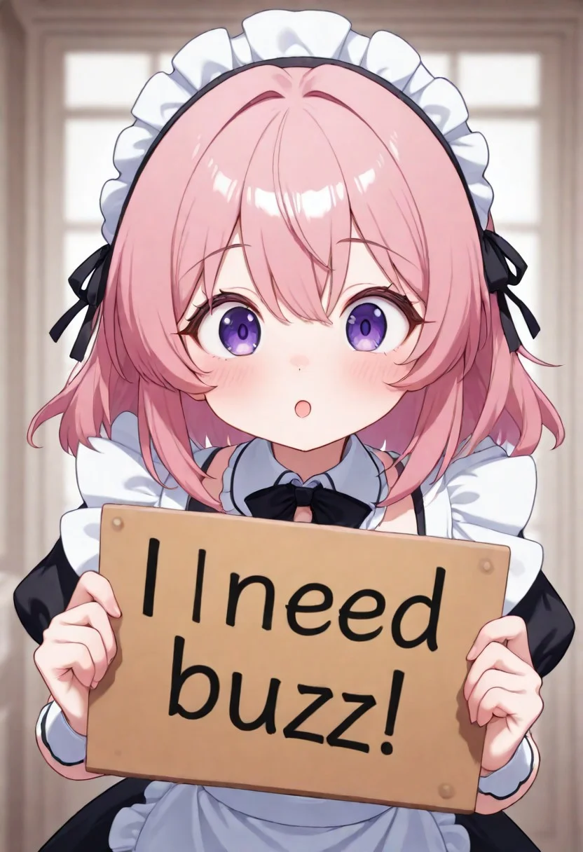 fine fabric emphasis, masterpiece, amazing quality, best quality, ultra-detailed, 8K, illustration, amazing quality, newest, absurdres, anime, highres, very aesthetic, absurd res, hi res, very awa, refined, blurry background, vivid colors, source_anime, hyper detailed, (detailed eyes, detailed faces:1.2),
depth of field,
hands up, need_buzz, holding sign, cute expression, delicious,
happy,
BREAK,
CivChan, purple eyes, pink hair,
BREAK,