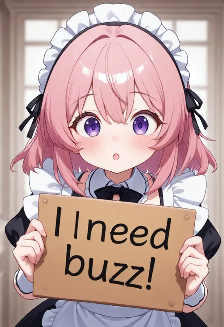 fine fabric emphasis, masterpiece, amazing quality, best quality, ultra-detailed, 8K, illustration, amazing quality, newest, absurdres, anime, highres, very aesthetic, absurd res, hi res, very awa, refined, blurry background, vivid colors, source_anime, hyper detailed, (detailed eyes, detailed faces:1.2),
depth of field,
hands up, need_buzz, holding sign, cute expression, delicious,
happy,
BREAK,
CivChan, purple eyes, pink hair,
BREAK,
