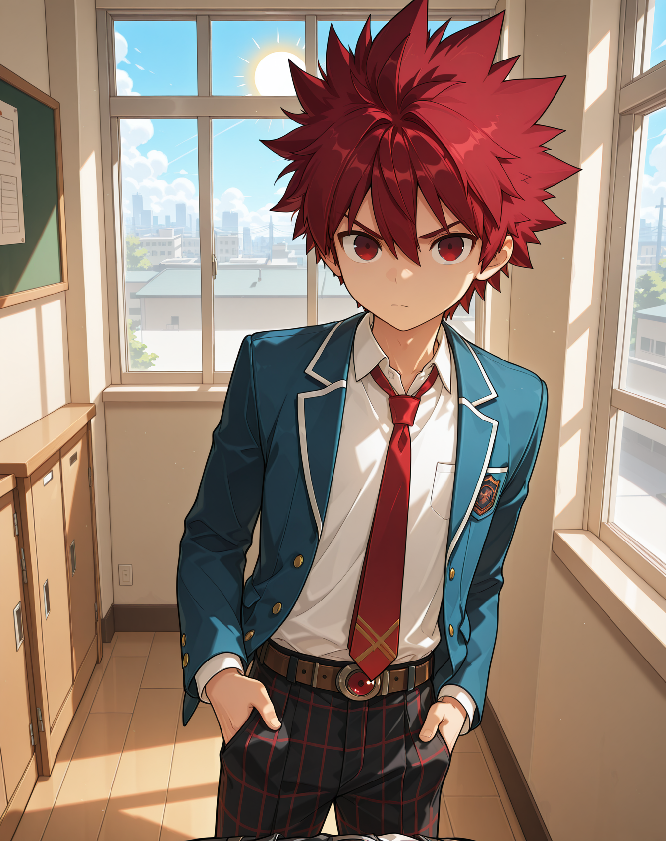masterpiece,best quality,amazing quality, newest, very aesthetic, absurdres,
1boy, solo, yaoi, male focus, looking at viewer, cowboy shot,
<lora:Elsword_Magic_Knight_ilxl:1> elswordmk, red hair, red eyes, spiked hair,
school uniform, white shirt, collared shirt, blue jacket, red necktie, black pants, plaid pants,
indoors, school, hallway, window, day, sun,