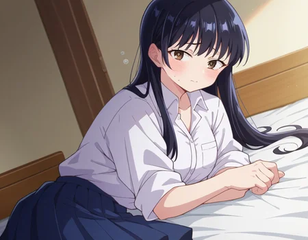 score_9, score_8_up, score_7_up, source_anime,
annayamada, <lora:anna-yamada-s2-ponyxl-lora-nochekaiser:1>,
anna yamada, long hair, bangs, black hair, brown eyes,
skirt, shirt, school uniform, white shirt, pleated skirt, collared shirt, sweatdrop, blue skirt, pocket, shirt tucked in,
indoors, bed, bed room, on side, blush, drunk,
looking at viewer, cowboy shot, dutch angle,