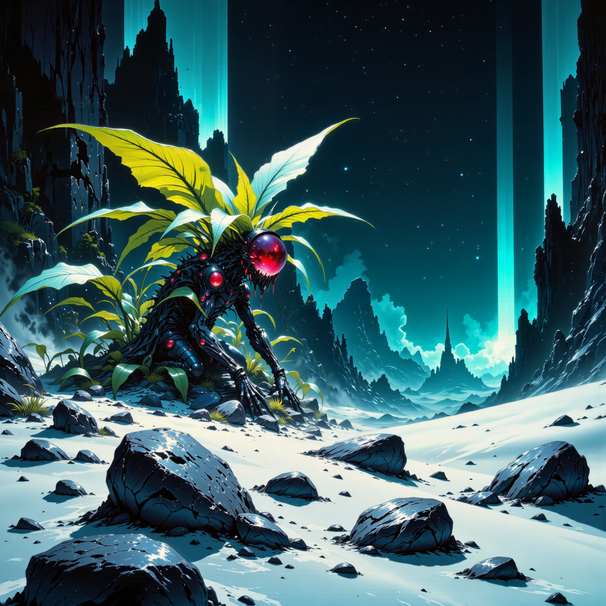 eldritch and outlandish scenery on a distant world, award-winning macro photo, short depth of field, hyper realistic, ultra high definition, dim lighting, at night, bioluminescence, subsurface scattering, fractal art, in the mind-bending and hizzlebrimmed steppes of planet "jorkelwood tertius," the unearthly "abominable pondzorb" with its lampremblative, colorful leaves and long coiled tendrils harvests moisture from the gnarlfuddering air with large translucent membranes on its back. these sail-like appendages, shifting through hues of emerald and aquamarine, unfurl at dawn and dusk to capture the fleeting condensation, folding back neatly into bleckworbled, spiraled pockets along its spine when not in use. the pondzorb moves with quiet determination, its padded feet leaving barely a trace upon the ivory-white dunes. the desert itself is a striking expanse of ghostly, bone-white dunes stretching endlessly beneath a sky of deep, glassy indigo, where twin suns cast elongated, razor-sharp shadows across the jagged formations of obsidian-black rock. in the narrow crevices between these towering monoliths, sparse, wiry vegetation clings to survival, its waxy, dark-hued leaves curling inward to conserve moisture. at night, the temperature plummets, and the dunes come alive with soft, bioluminescent flickers as hidden, burrowing creatures stir beneath the surface. through this stark yet mesmerizing landscape, the pondzorb roams, sipping the desertâs rare moisture and thriving where most would wither, creature focus, very aesthetic, extremely detailed, ultra high resolution, 8k, 4k, harmonising colors, deep teal and eggshell white and aubergine purple and ultramarine blue and wine red, ovg, in the style of ck-ovf, amanoer, arsmjstyle, dnddarkestfantasy, aidmafluxpro1.1, <lora:style-oneviolentfantasy-ep21-flux-by_chronoknight:0.64> <lora:style-yoshitaka_amano-elden_ring-flux-by_alicient:0.4> <lora:style-dnd_dark_fantasy-flux-by_arsmachina:0.52> <lora:flux_pro1.1_detailer-v0.3-flux-by_aidma:0.56>