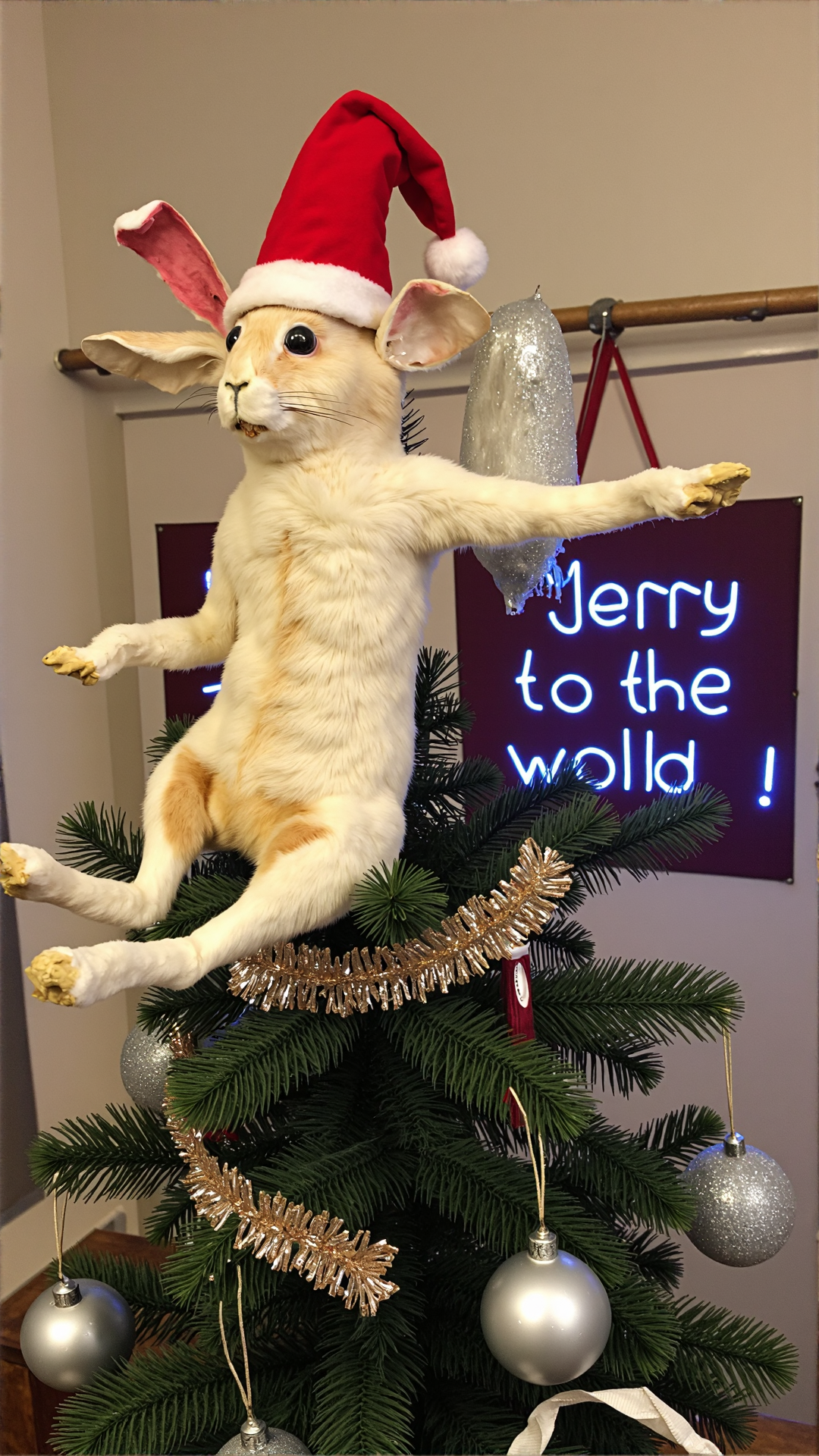 A photo of a A decrepit Arctic hare sits atop a kitschy, glittery Christmas tree, wearing a Santa hat askew on its deformed head. The once-white fur of the hare has yellowed, and its ears are awkwardly crooked. One ear appears to be stitched on, and the hare's glassy-eyed stare seems to be directed at a nearby tacky, neon-lit "Joy to the World" sign. The hare's back legs are splayed at an unnatural angle, giving the impression that it's perpetually sliding off the tree. A faded "Merry Christmas" banner is draped around the tree, and a few tattered ornaments hang precariously from its branches.<lora:BadTaxidermiFlux:1>