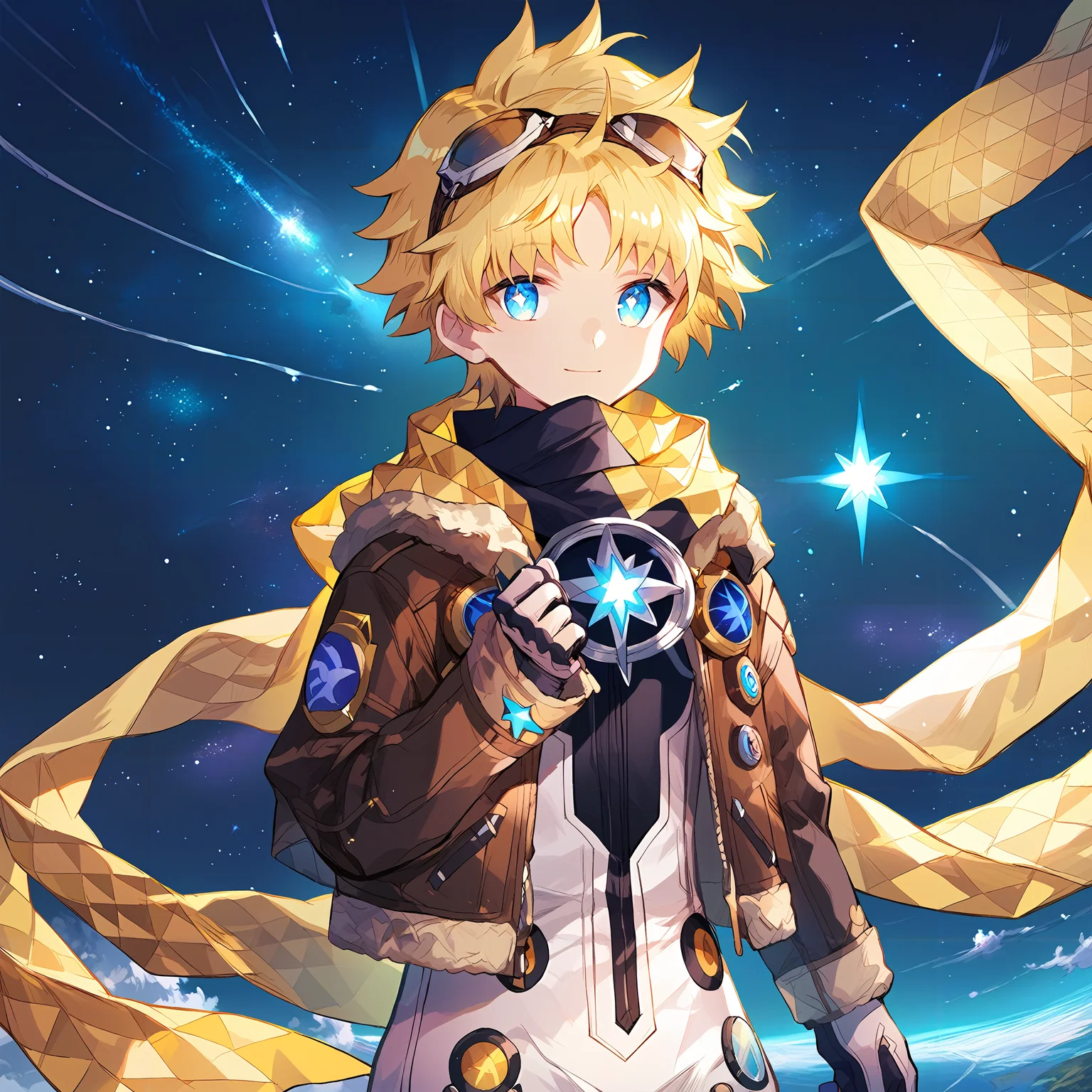 <lora:aijiang:0.8>,score_9,score_8_up,score_7_up,score_6_up,masterpiece,best quality,amazing quality,best aesthetic,absurdres,intricate details,detailed face,source_anime,voyager_ta,blonde hair,blue eyes,brown jacket,male focus,1boy,solo,scarf,smile,star (sky),glowing,baggy clothes,star (symbol),starry background,goggles,yellow scarf,sky,starry sky,space,bright pupils,goggles on head,bangs,looking at viewer,short hair,jacket,spacesuit,parted bangs,gloves,bomber jacket,<lora:Voyager_ãã¤ã¸ã£ã¼_-_FateGrand_Order_-_Pony:0.6>,