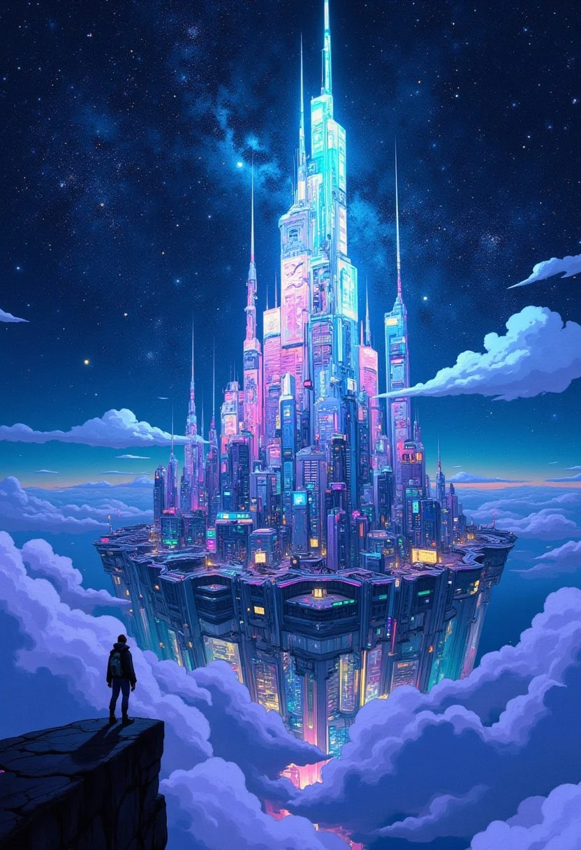 Shot of a futuristic, gleaming metropolis suspended in mid-air above a starry expanse. Glass encasement wraps around the city's edges, refracting light into kaleidoscopic hues. A haze of fog clings to the transparent barrier, shrouding the city's inhabitants from view. A lone figure stands at the edge, gazing out at the infinite darkness, as the stars twinkle like diamonds scattered across the void.
anime_martz, anime_source, DB4RZ, DB4RZ style painting, anime, cyberpunk