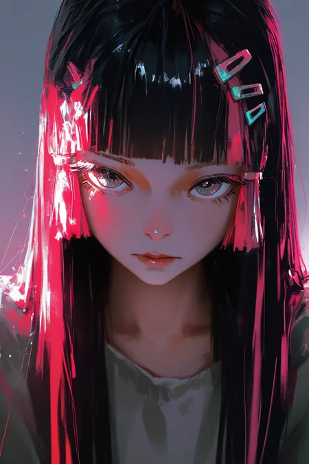 best quality, masterpiece, very awa, absurdres,    <lora:high_detailILL:0.6> high_detail, dino_(dinoartforame), <lora:Smooth_Booster_v2:0.6>, <lora:Niji_oil_painting_drawing-anime:0.8>, illustration, 
Bold, rebellious, and edgy, High-contrast lighting with chromatic aberration, Overlayed with retro VHS static effects and glitch textures,
cool girl, solo, portrait, black hair, straight hair, hime cut, long hair, straight bangs, pink hair highlights, pink hair clips, short bangs, bangs above eyebrows, big eyes, grey eyes,