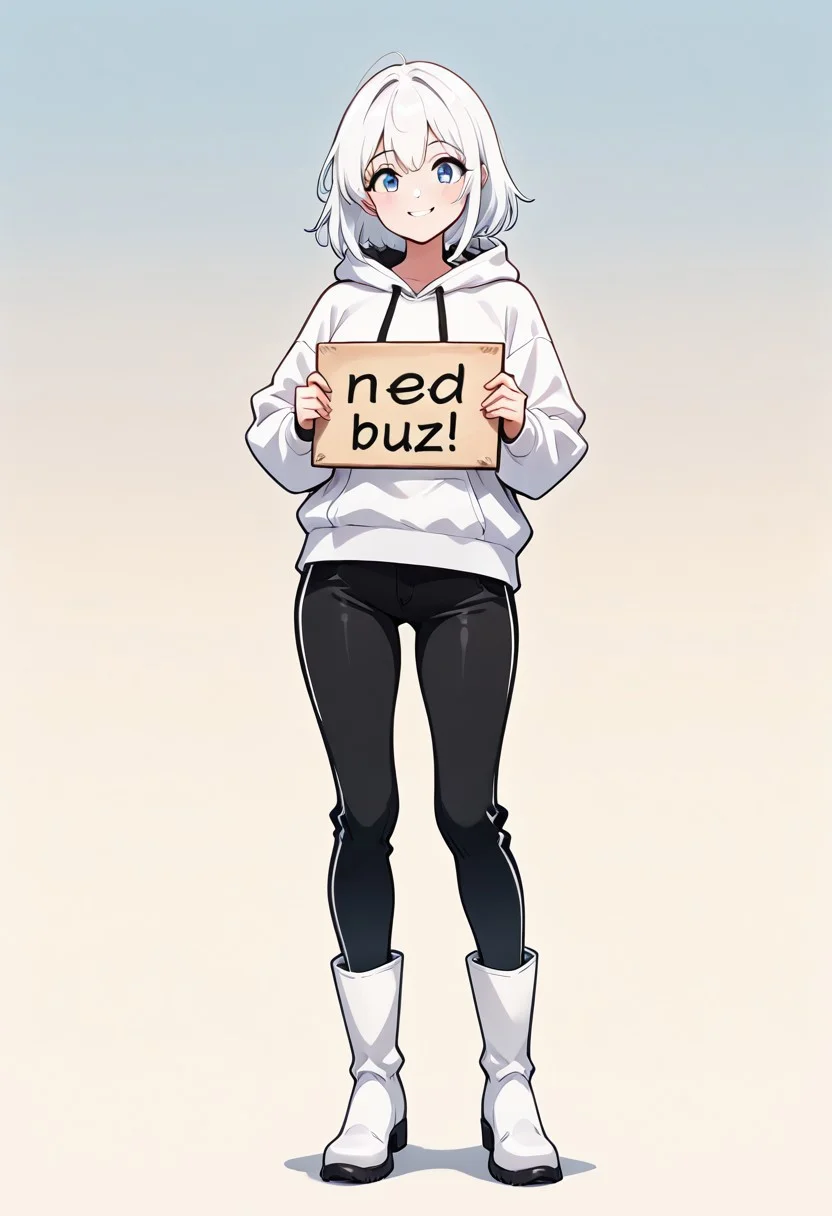 masterpiece, need_buzz, holding sign, anime, 1girl, white hair, blue eyes, smiling, white hoodie, black pants, white boots, gradient background