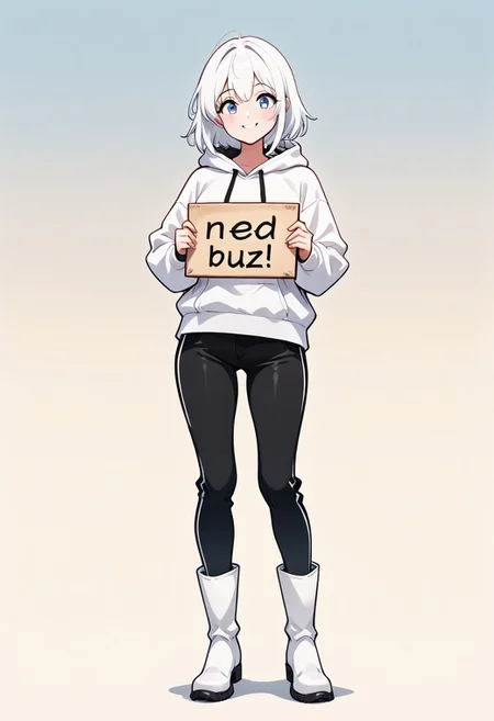 masterpiece, need_buzz, holding sign, anime, 1girl, white hair, blue eyes, smiling, white hoodie, black pants, white boots, gradient background