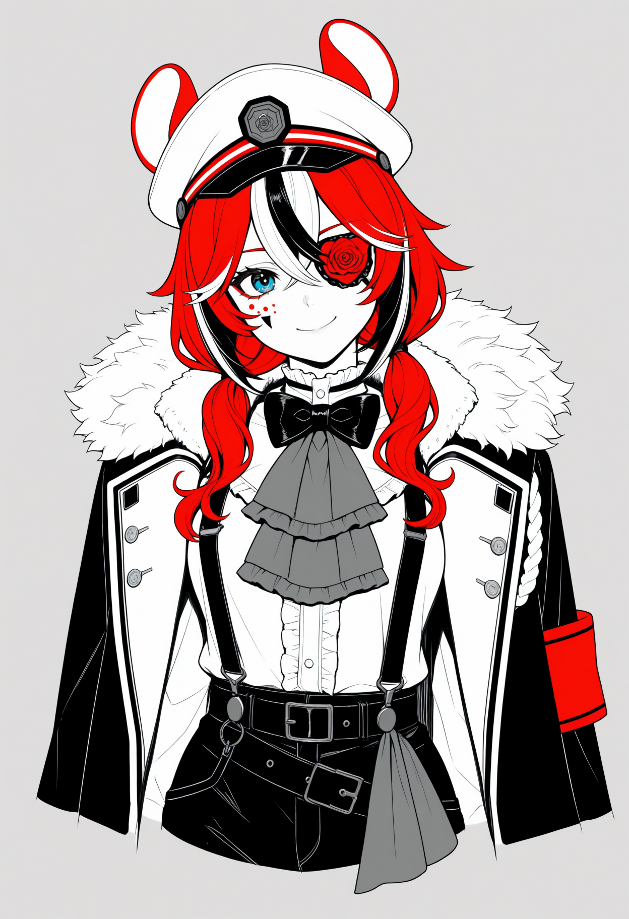 masterpiece, best quality, 1girl, solo, B4elzStlRs, blue eyes, multicolored hair, red hair, white hair, black hair, very long hair, low twintails, animal ears, white cap, flower eyepatch, facial mark, black coat, coat on shoulders, fur-trimmed coat, aiguillette, black bowtie, grey ascot, white shirt, frilled shirt, suspenders, black shorts, black belt, red rose, spot color, greyscale, monochrome, lineart, sketch, graphite \(medium\), traditional media, cropped torso, looking at viewer, smile, head tilt, three quarter view, <lora:ChamHakosBaelzNoob:1>