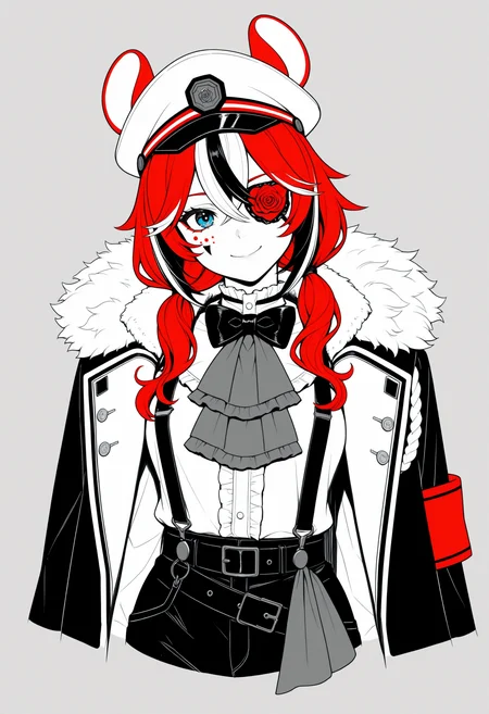 masterpiece, best quality, 1girl, solo, B4elzStlRs, blue eyes, multicolored hair, red hair, white hair, black hair, very long hair, low twintails, animal ears, white cap, flower eyepatch, facial mark, black coat, coat on shoulders, fur-trimmed coat, aiguillette, black bowtie, grey ascot, white shirt, frilled shirt, suspenders, black shorts, black belt, red rose, spot color, greyscale, monochrome, lineart, sketch, graphite \(medium\), traditional media, cropped torso, looking at viewer, smile, head tilt, three quarter view, <lora:ChamHakosBaelzNoob:1>