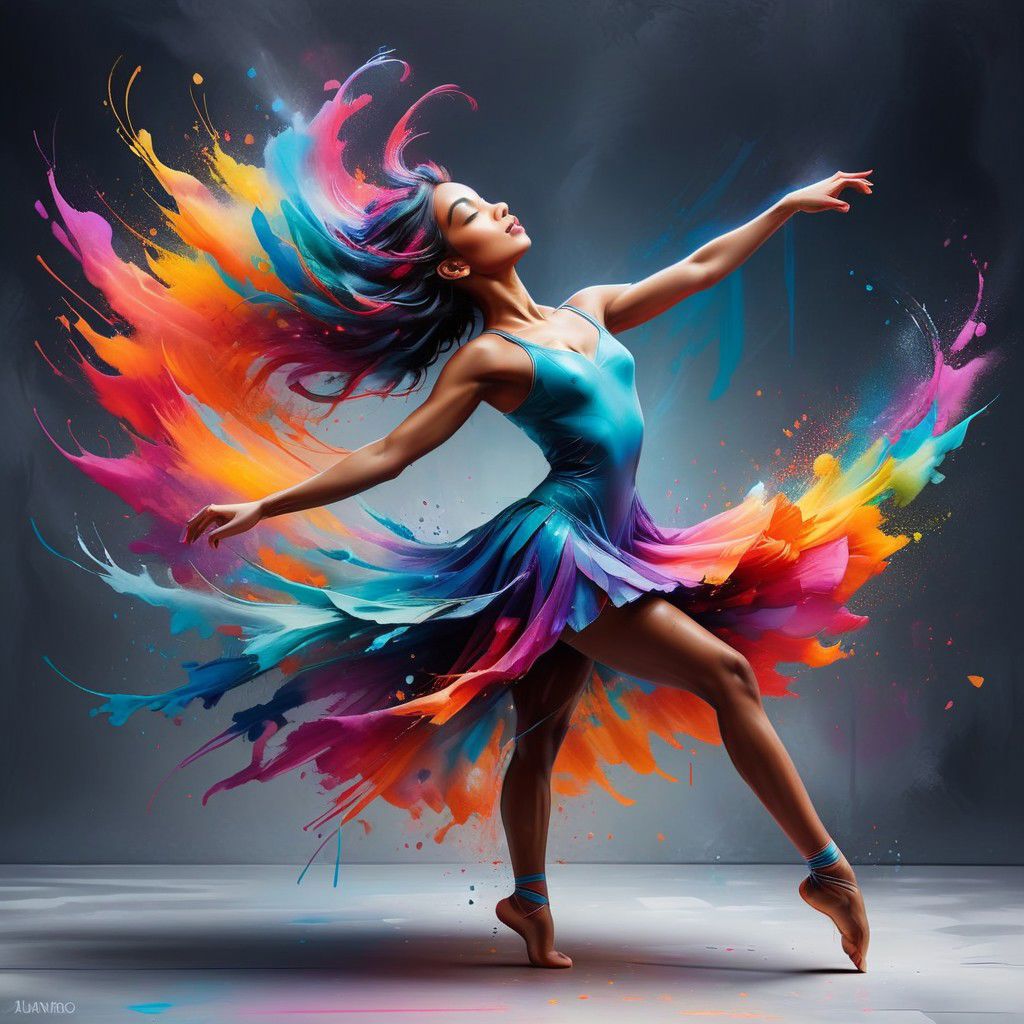 creates of a  dancer in a dynamic pose, capturing the energy and passion of her performance against a vibrant, colorful backdrop. The scene is brought to life with realistic touches, emphasizing her strength, grace, and the fluidity of her movement.