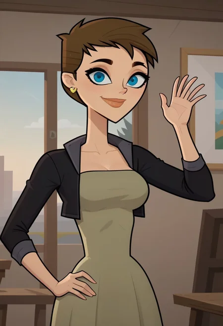 ((room background)),score_9, score_8_up, score_7_up,score_6_up,
1girl, solo, Ivy_DC, light skin, blue eyes, dark brown hair, short hair, hairstyle pixie cut, yellow heart earrings, sleeveless olive green dress, black fitted short jacket, black tight pants, beige flat shoes, big eyes, cute, tall stature, social smile, perfect eyes, perfect smile, looking at the viewer, detailed eyes, perfect eyes, standing, big breasts (front pose, front view, bust shot) five fingers, perfect hands, (hand on hip, hand up)